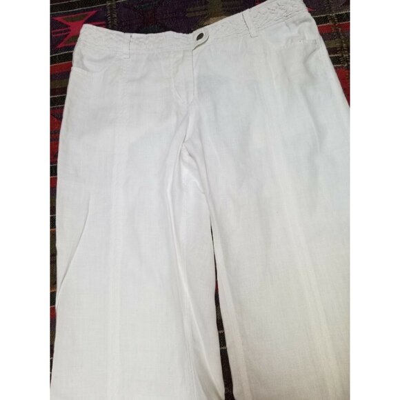 Womens High Rise Pants Extended Button Tab Braided Waist 100% Linen White Sz 14 - Picture 3 of 7